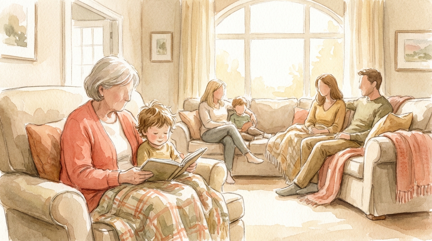 A warm illustration of generations connected through shared moments